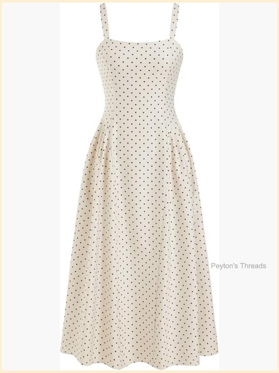 Dresses & Skirts - Polka Dot Midi A-Line Dress with Side Pockets Square Neck Sleeveless